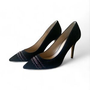 White House Black Market Black Suede Olivia Whipstitch Heels Braided Detail 10